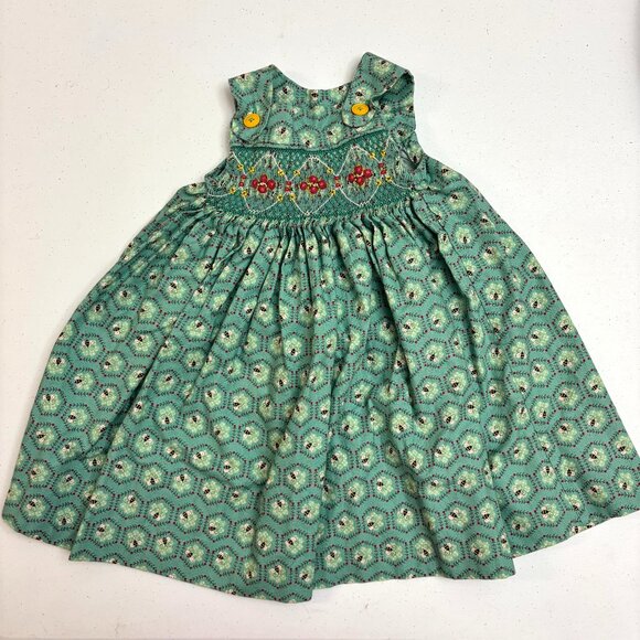 Vintage Handmade Smocked Baby Dress | Green Floral Print with Embroidered Detail - Picture 1 of 6